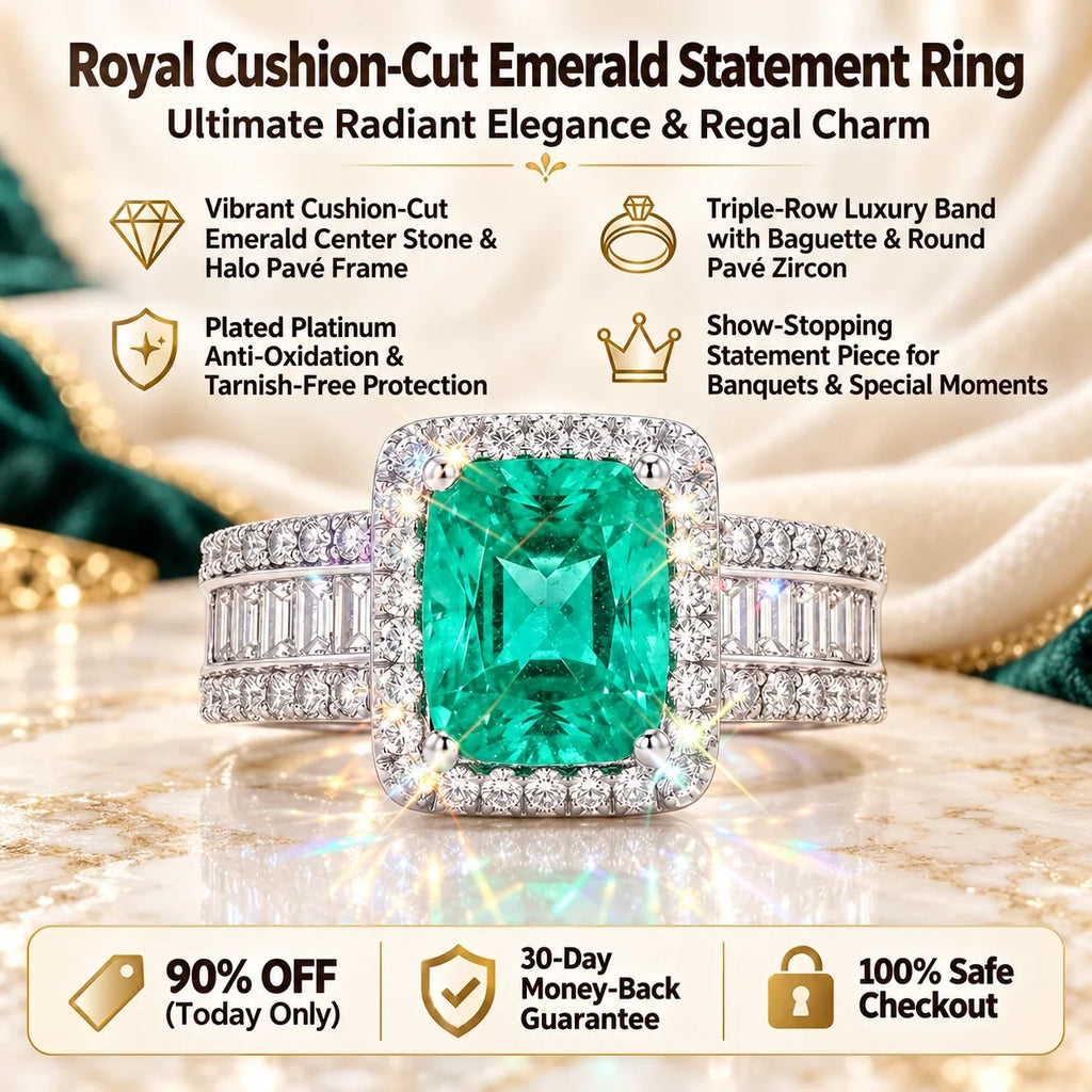 🔥 LAST DAY 90% OFF | Royal Cushion Emerald Halo Ring – Rich Green Brilliance & Elegant Statement Styling