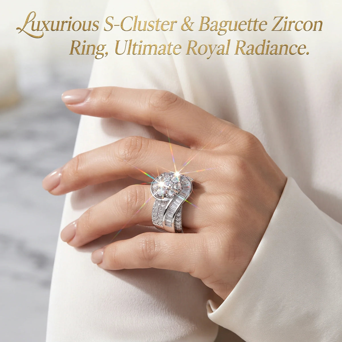 S-curve cluster ring worn on hand