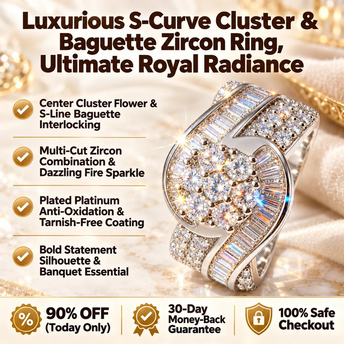 S-curve ring floral cluster and baguette design overview