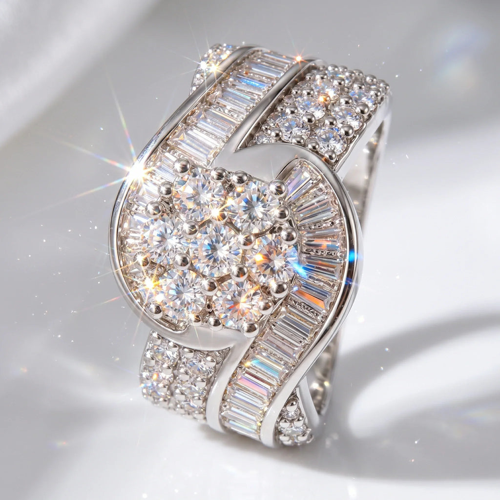 Silver-tone S-curve cluster and baguette statement ring