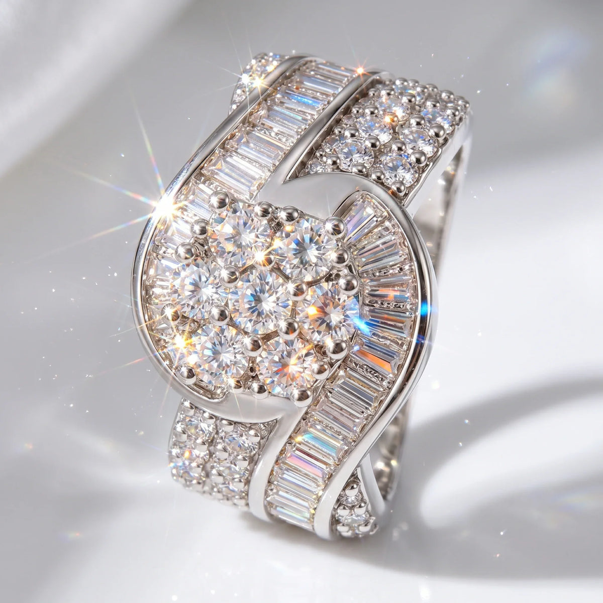 Silver-tone S-curve cluster and baguette statement ring