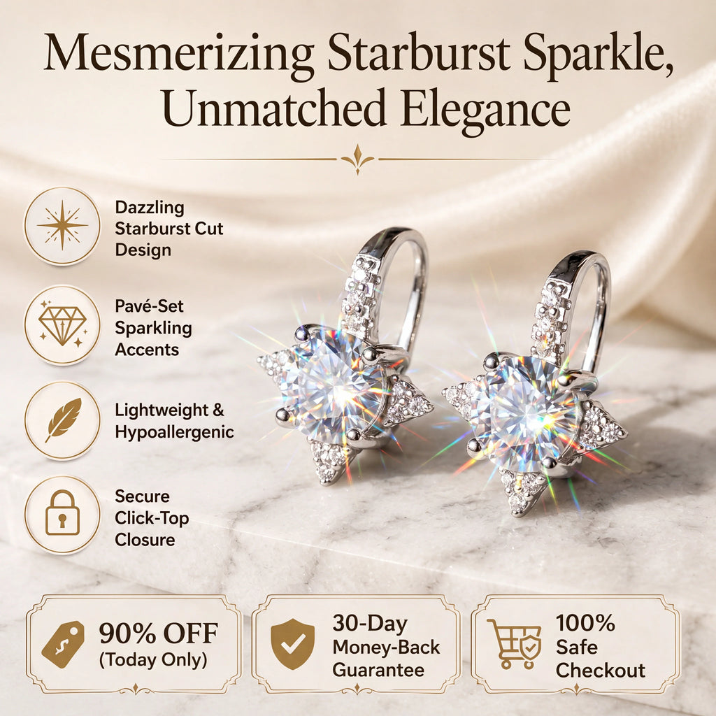 🔥 LAST DAY 90% OFF | Four-Point Starburst Moissanite Leverback Earrings – Celestial Detail & Expressive Everyday Sparkle