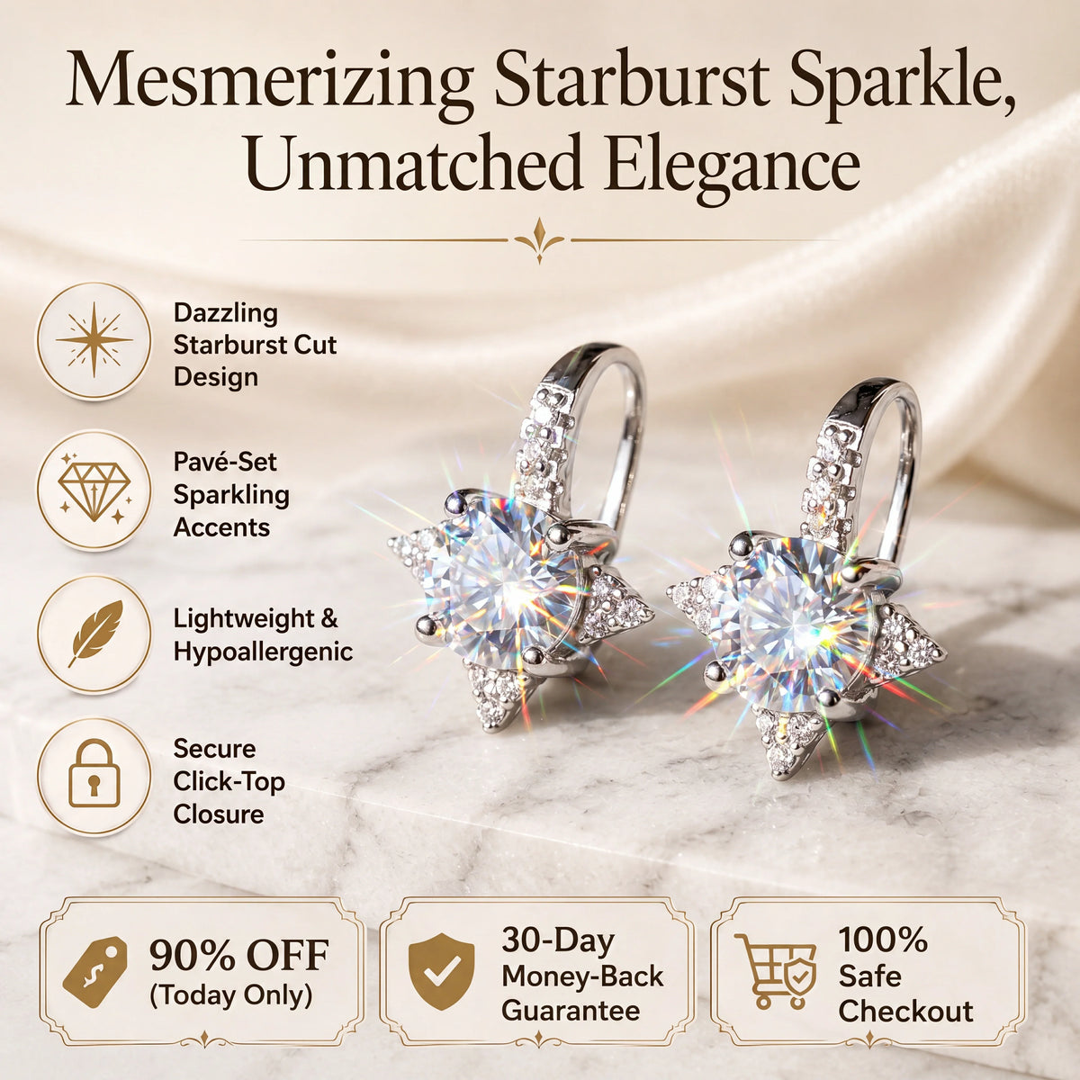 🔥 LAST DAY 90% OFF | Four-Point Starburst Moissanite Leverback Earrings – Celestial Detail & Expressive Everyday Sparkle