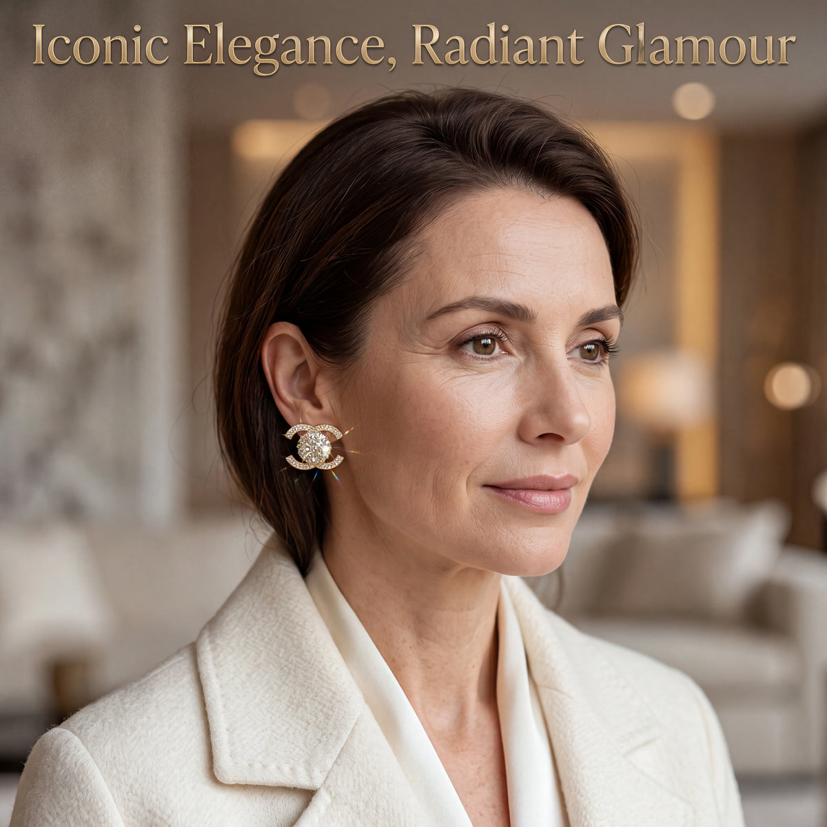 Interlocking halo earrings styled with a cream jacket