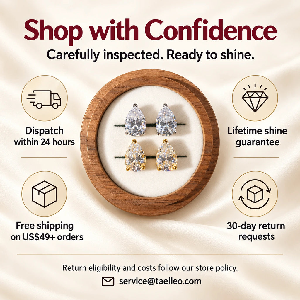 Taelleo earrings support: dispatch, lifetime shine guarantee, shipping threshold and return requests