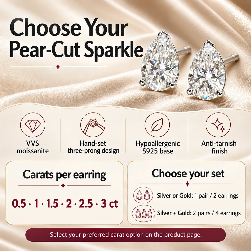 Pear-cut moissanite specifications, carats per earring and single-color or two-pair set guide