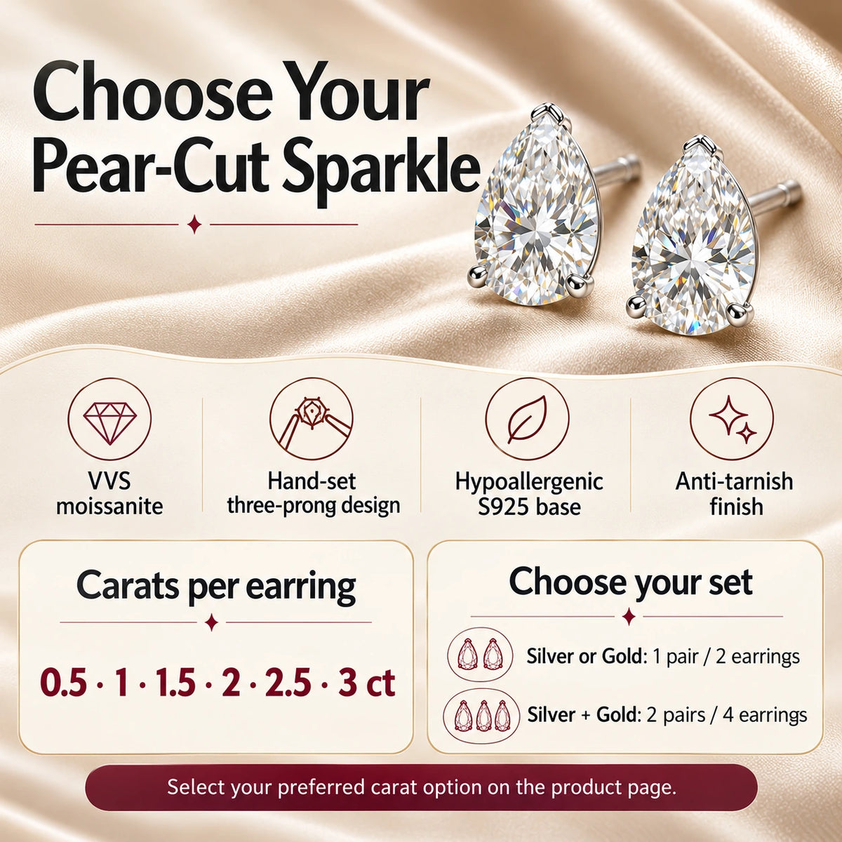 Pear-cut moissanite specifications, carats per earring and single-color or two-pair set guide