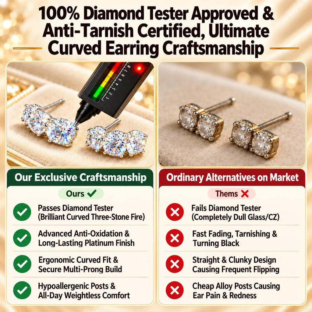 Three-stone curved stud earrings comparison graphic