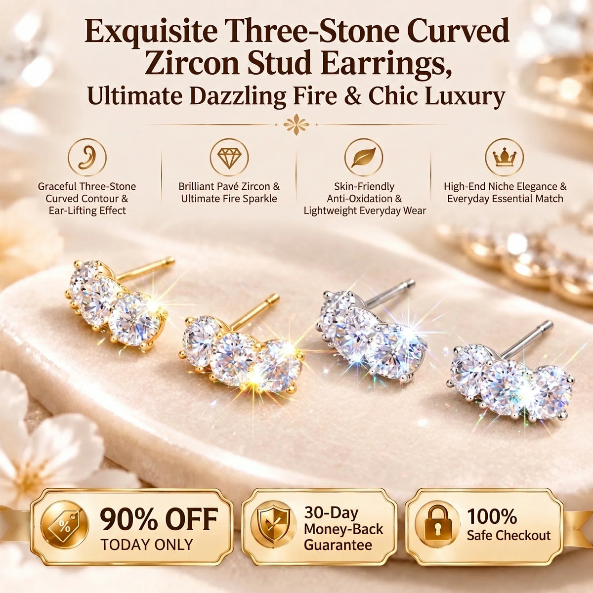 Three-stone curved stud earrings design overview